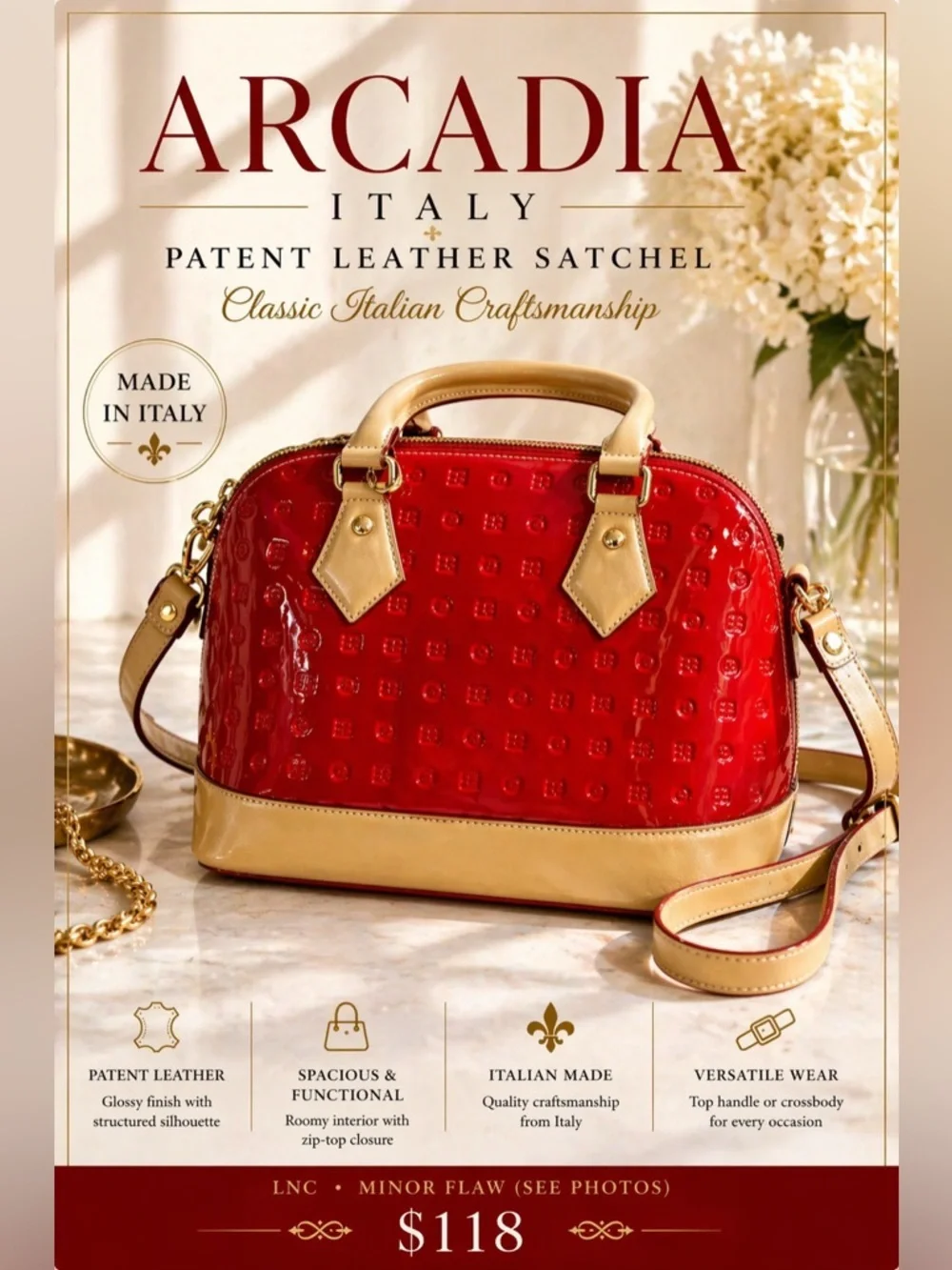 Arcadia Red Patent Leather Satchel Top Handle Crossbody Bag Italy